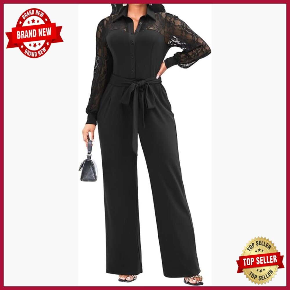 Plus-Size Formal Jumpsuit with Lace Top, Puff Sleeves, Wide Leg
